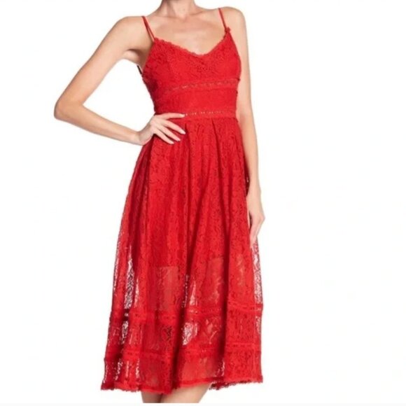 NSR Dress Red Lace Midi Dress NWT Medium - Picture 2 of 8